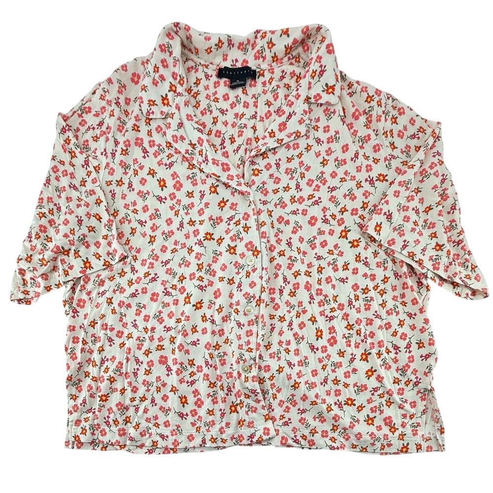 Sanctuary Floral Button Front Blouse Womens XL Cream Pink Short Sleeve Top